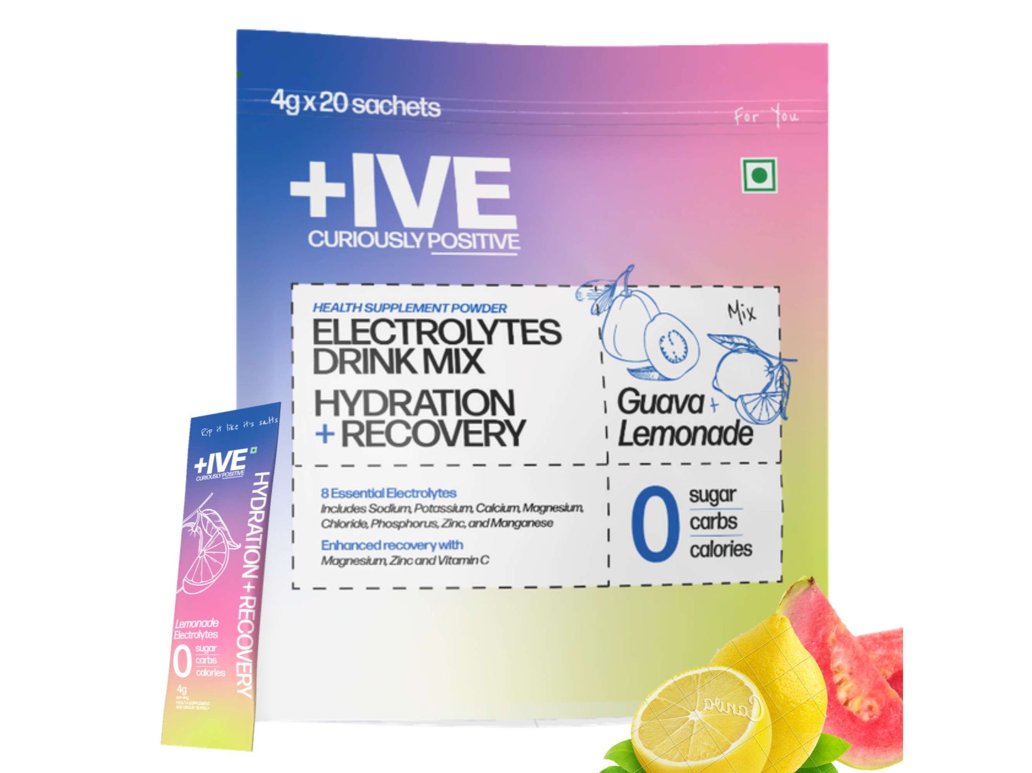 Curiously  +IVE Electrolytes Drink Mix - Assorted Flavour Pack(Lemonade + Guava) 80gm| Zero Sugar, Zero Carbs, Zero Calories, Hydration + Recovery Supplement