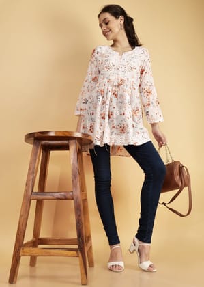 Mulmul Short Frock Style Kurti - Floral Print Orange