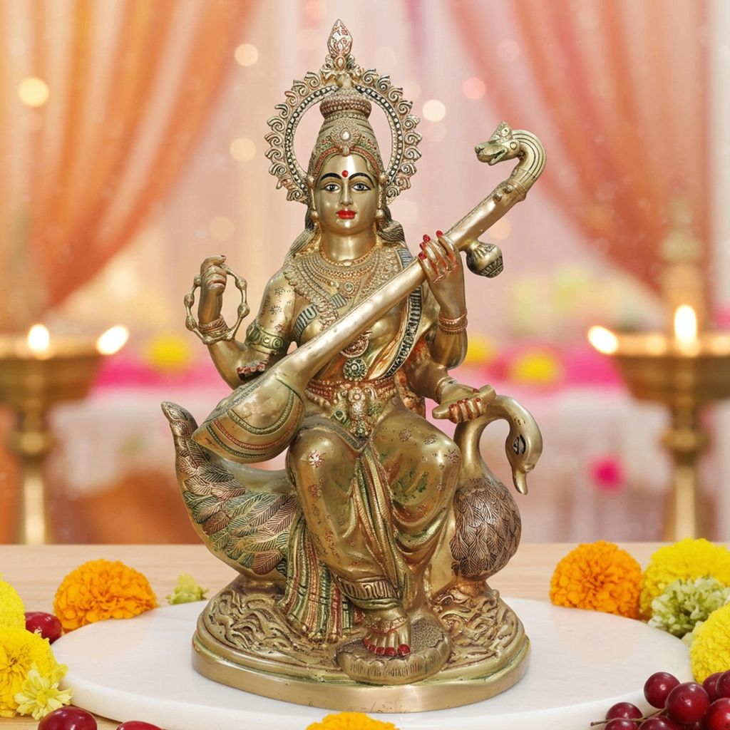Brass Saraswati Ji Idol - Traditional Temple Sculpture, Height : 29.5 Inch (BSMAS1497 A)