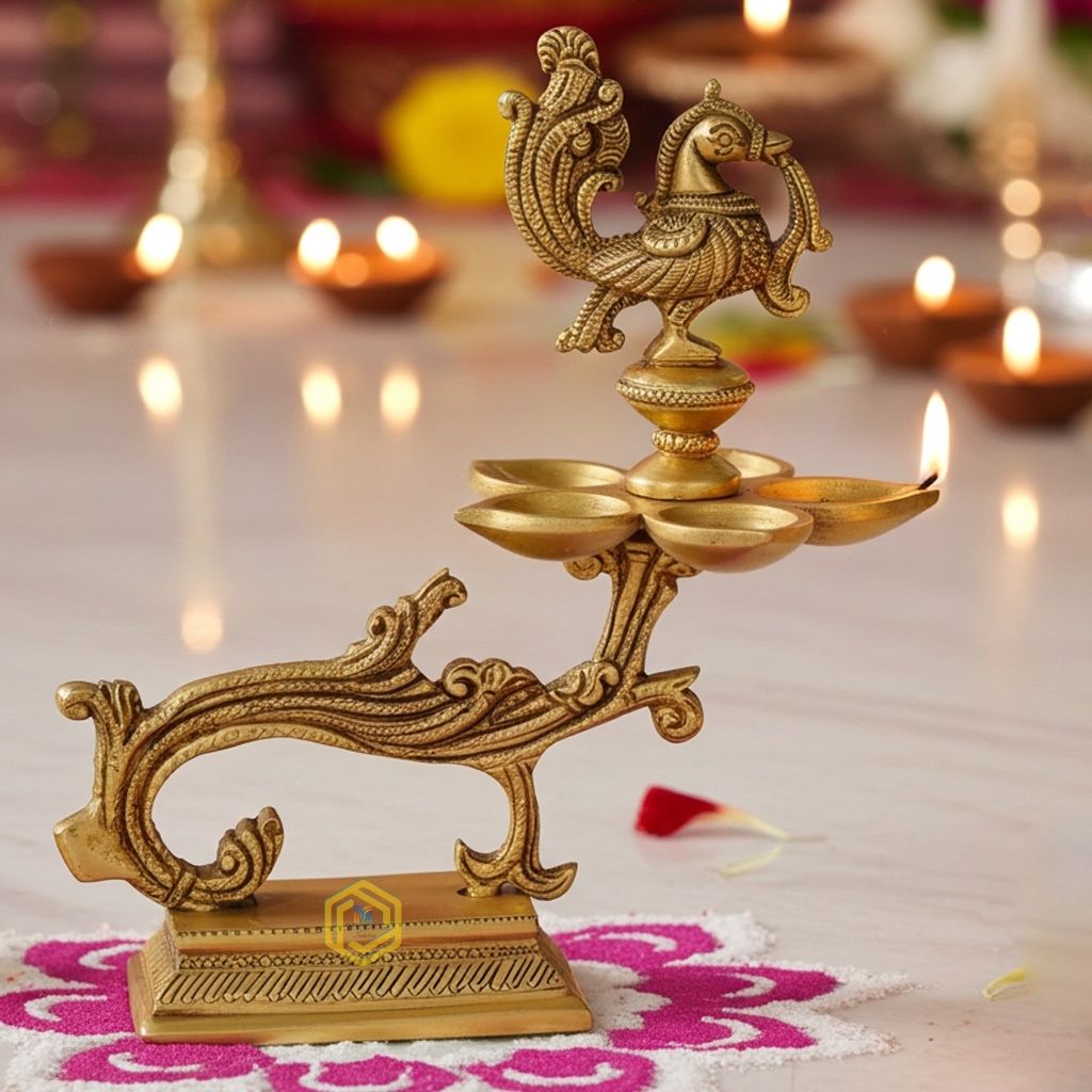 Brass Table Decor Murga Oil Lamp Deepak 5 Wicks  - Traditional Brass Deepak for Festivals, Height : 7.6 Inch (BSMAS1176 A)