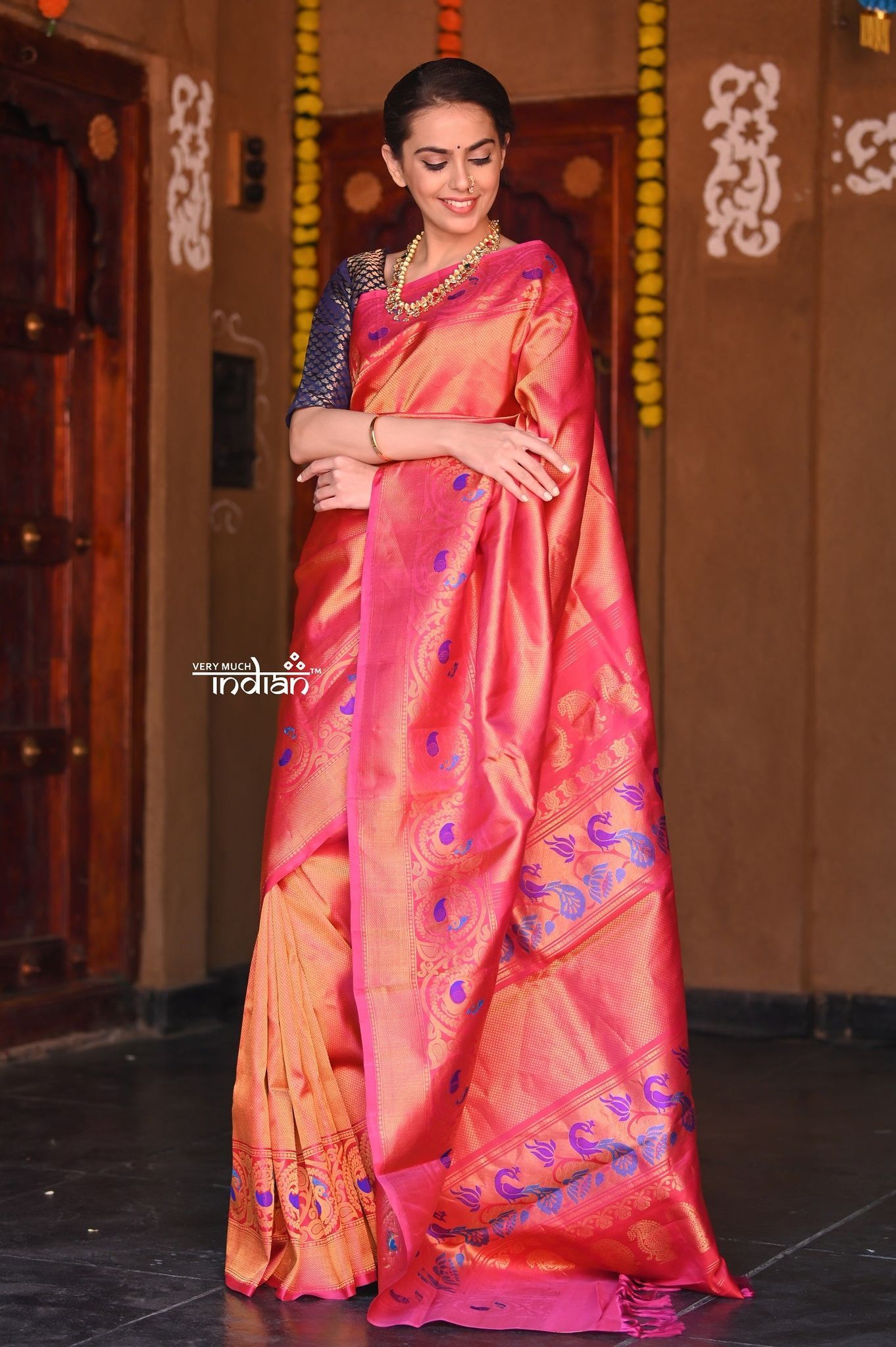 Raaga~ Traditional Handloom Pure Silk Solid Golden Pink Paithani with Peacock Border and Unique Pallu