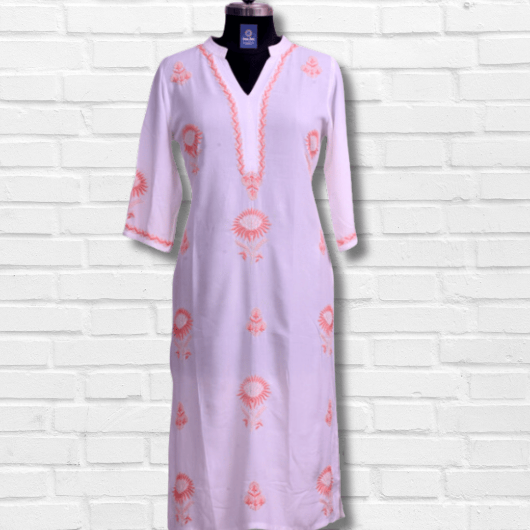 Rayon Kurti | White | Pattern Floral | Thread Embroidery | Peach