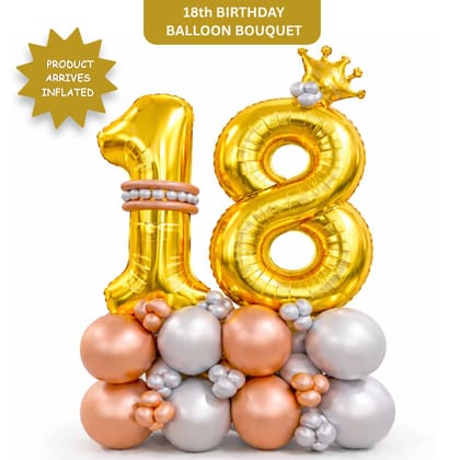 Signature Number 18 Large Golden Balloon Bouquet Arrangement with Small Crown & Silver, Rosegold Latex Balloons