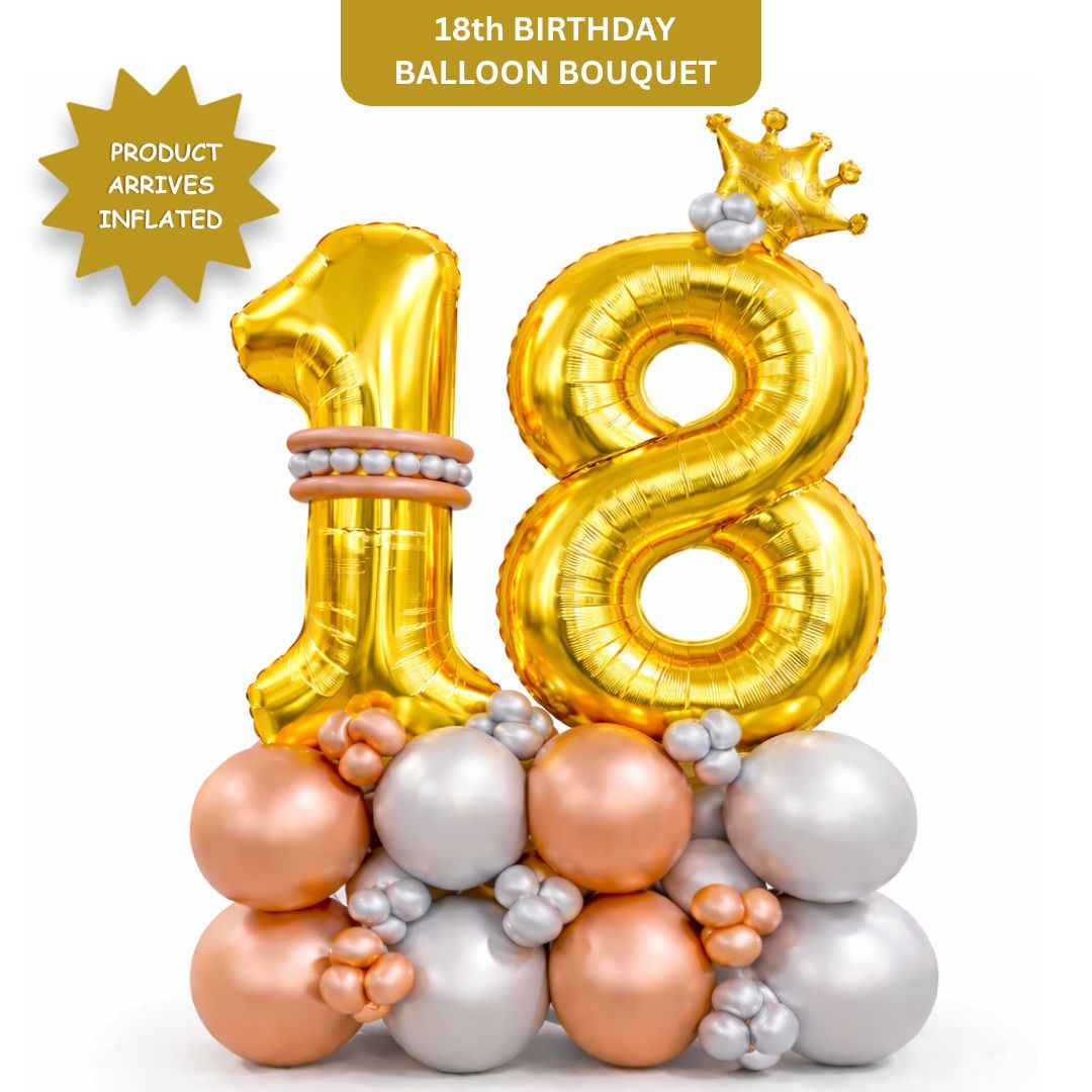 Signature Number 18 Large Golden Balloon Bouquet Arrangement with Small Crown & Silver, Rosegold Latex Balloons