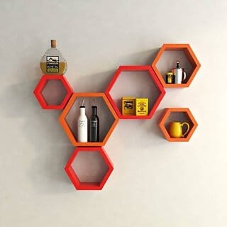 Onlinecrafts Wooden Wall Self Wooden Wall Shelf (Number Of Shelves - 6, Red)