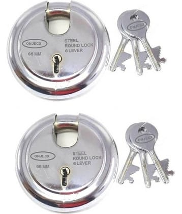 OJASS Steel High Quality Primium Range Lock 6 Levers 65 mm Heavy Duty Padlock , Sutter Lock, Round Lock Long Life Durable with 3 Keys for Main Gate, Office Door, Shop Shutter, Pack of 2 pcs (RPLL652)