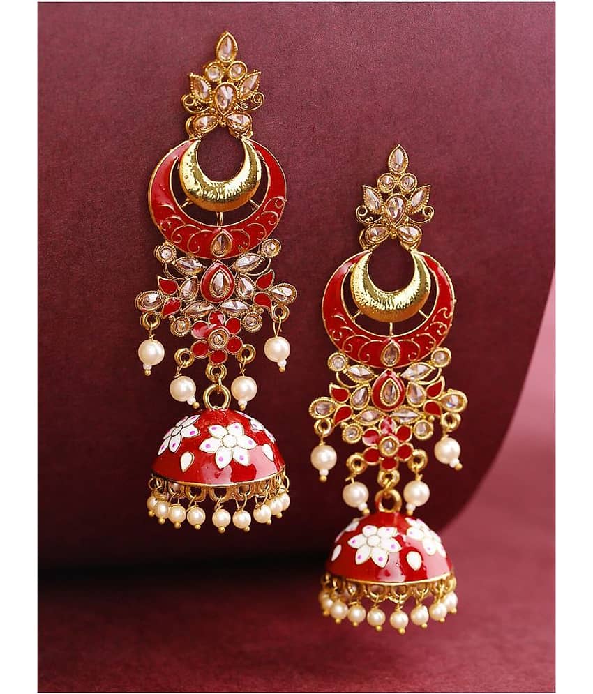 Priyaasi Red and White Gold-Plated Traditional Drop Earrings for Women and Girls