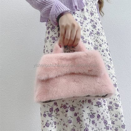 Wholesale  Latest Design  Mink Fur Belt Bag Women Handbag Genuine Mink Fur Boston Tote Bag
