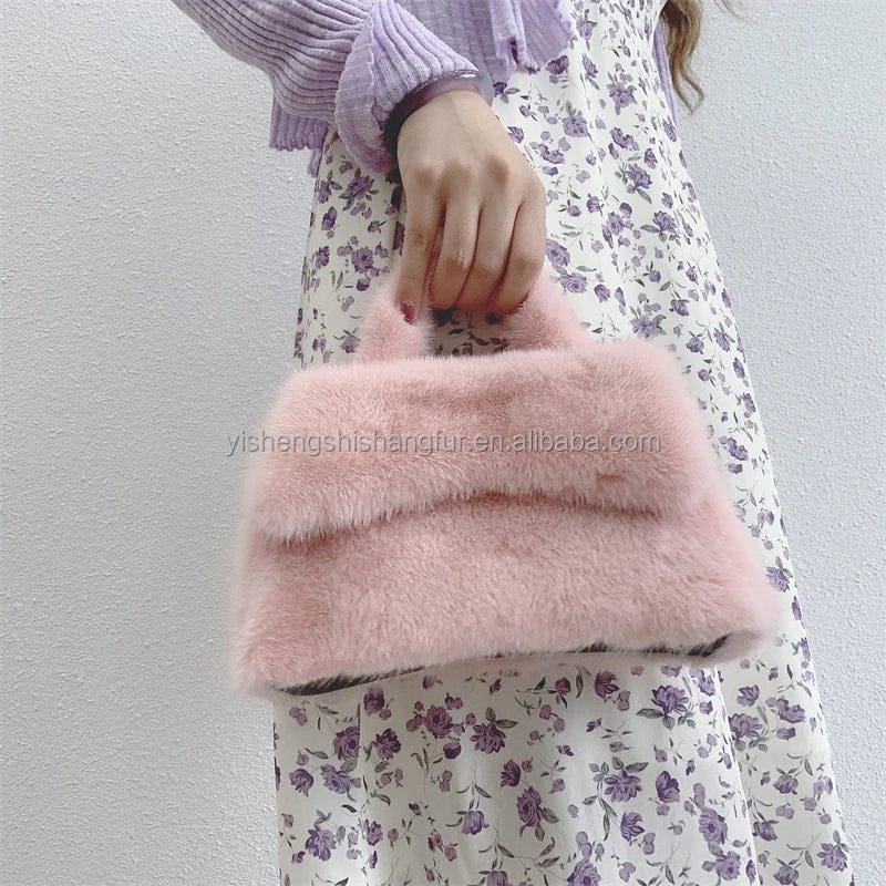 Wholesale  Latest Design  Mink Fur Belt Bag Women Handbag Genuine Mink Fur Boston Tote Bag