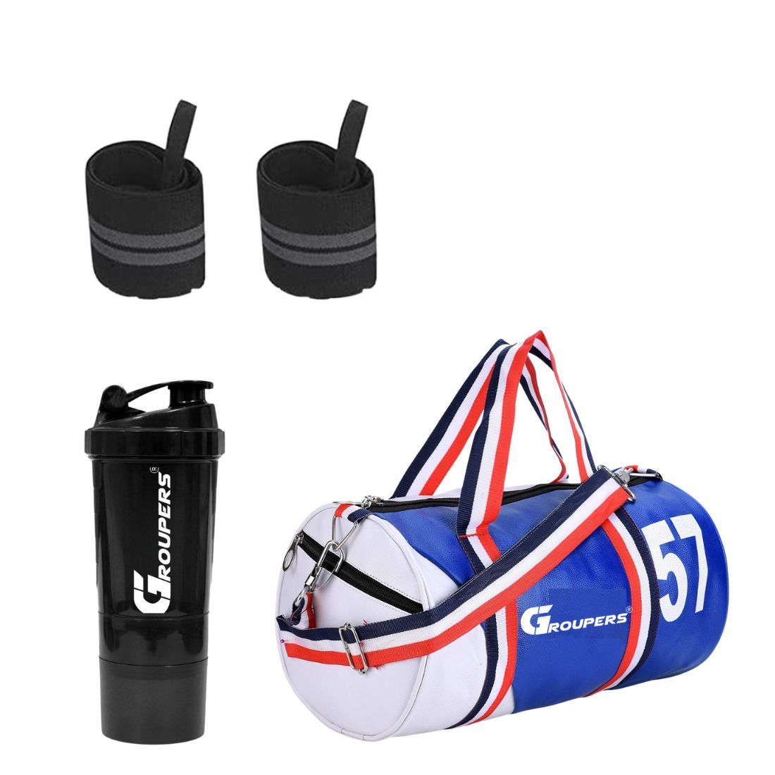 GROUPERS Duffle PU Leather Bag with Shaker Bottle-500ml & Wrist Band (Blue White)