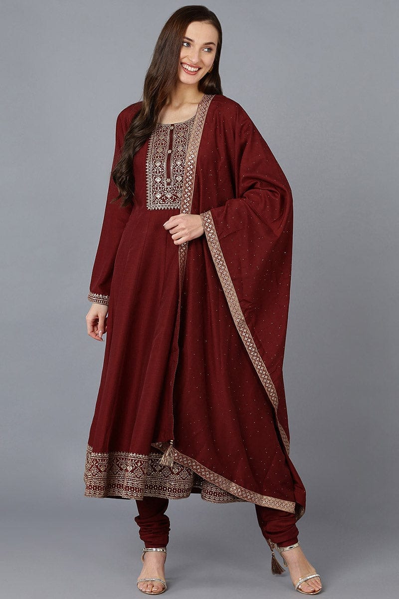Maroon Silk Blend Solid A-Line Kurta Trousers With Dupatta PKSKD1756