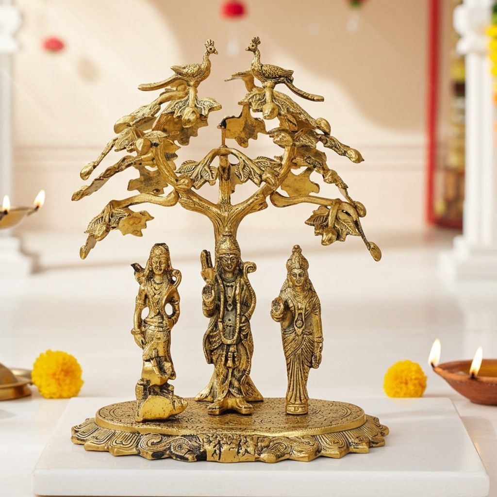 Aluminium Ram Darbar Tree Gold Plated Idol | Ram Parivar Decorative Murti for Home Mandir, Height : 16 Inch (ASMAS202 G)