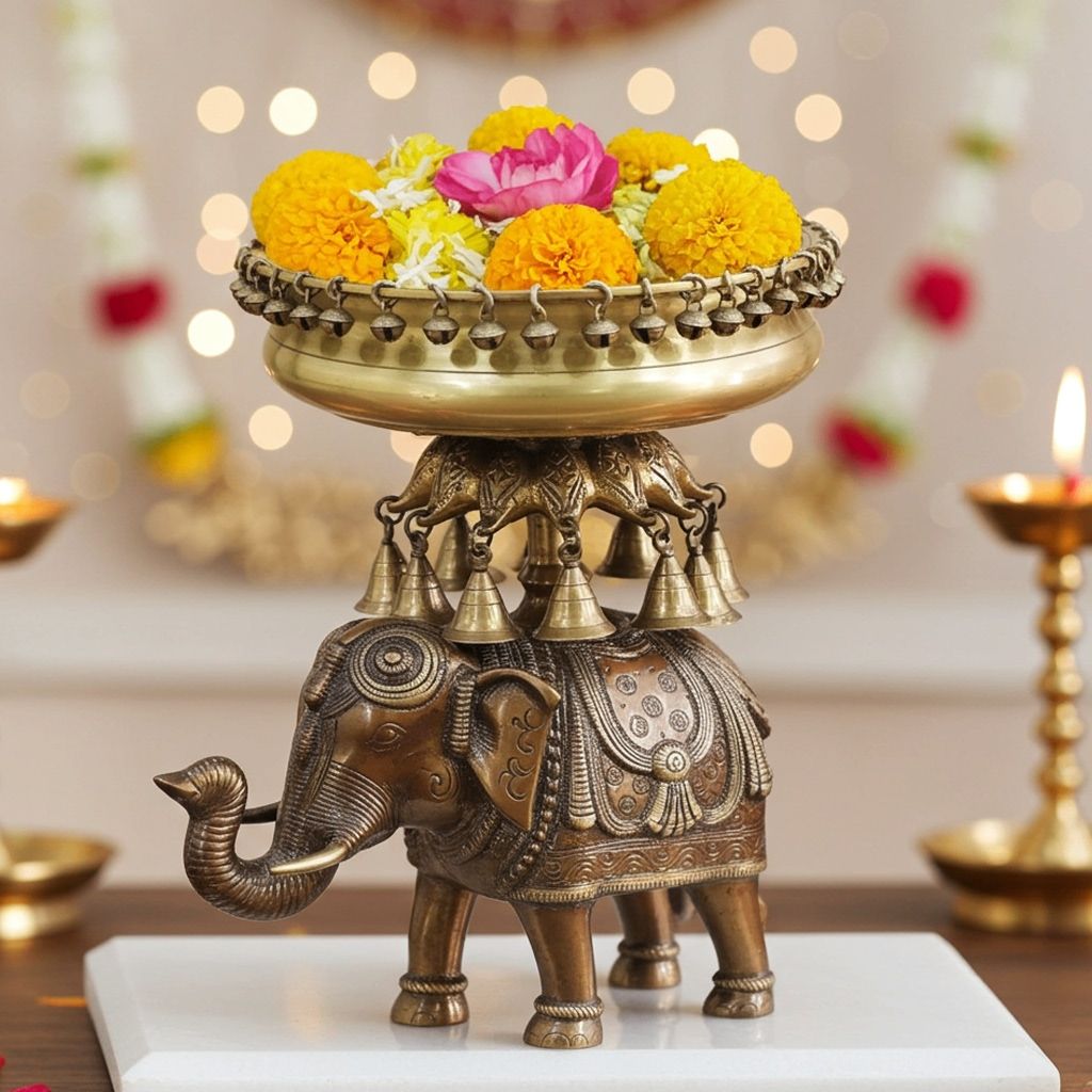 Brass Elephant Urli for Home Decor - Traditional Decorative Bowl, Diameter : 17.5 Inch (BSMAS1488 A)