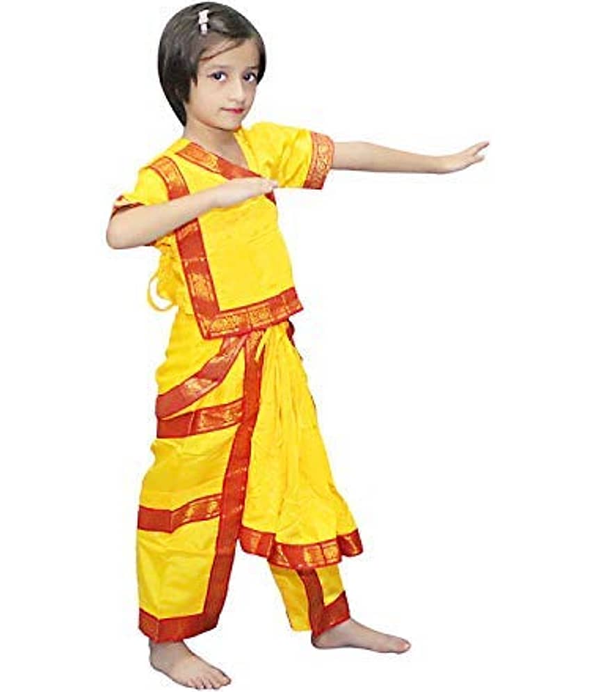 Kaku Fancy Dresses Ethnic Bharatnatyam Dance Costume -Yellow , 7-8 Years, For Girls
