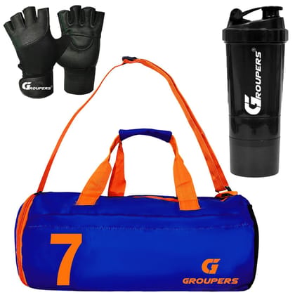 GROUPERS Combo Set of Duffle Polyester Bag with Shaker Bottle-500ml & GloveslSports & Travel Bag (Blue 07) GROUPERS Combo Set of Duffle Polyester Bag with Shaker Bottle-500ml & GloveslSports & Travel Bag (Blue 07)