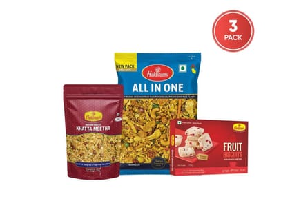 Combo Pack - Haldiram's Khatta Meetha 1 Kg + All in One Namkeen 200 grams + Haldiram's Nagpur Fruit Cookies - 250 grams