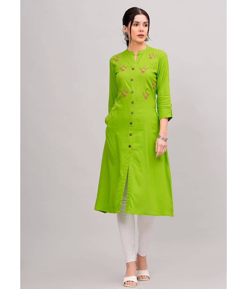 MAUKA Rayon Embroidered Front Slit Women's Kurti - Green ( Pack of 1 )