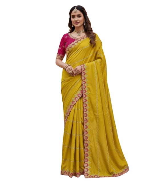 Generic Women's Georgette Embroidered Saree with Unstitched Blouse Piece, Soft Lightweight 5.5 m Sari for (Yellow, Design 67605)
