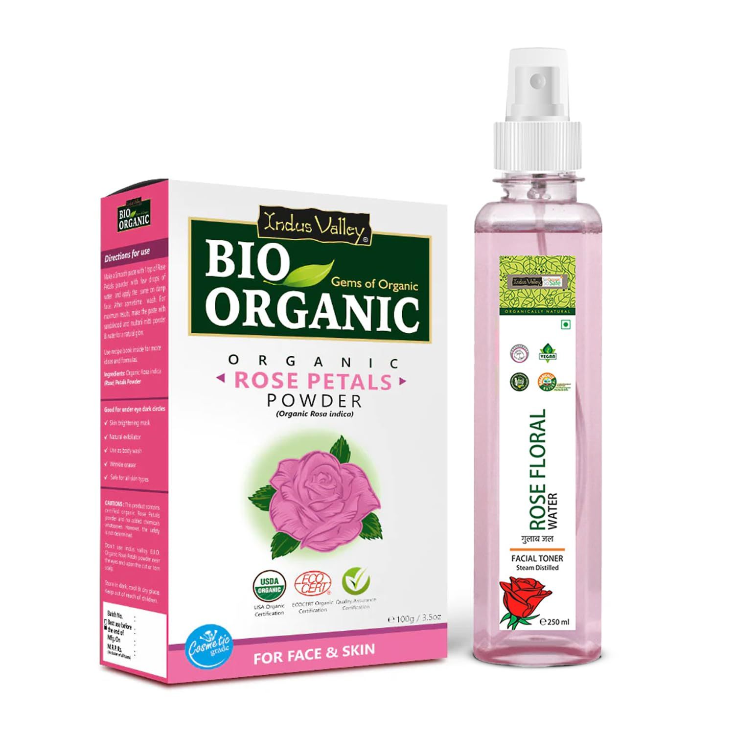 INDUS VALLEY Organic Rose Petals Powder | Rosa indica with Fresh Rose Water (Facial Toner) - For Skin Care 250ml+ 100g INDUS VALLEY Organic Rose Petals Powder | Rosa indica with Fresh Rose Water (Facial Toner) - For Skin Care 250ml+ 100g - Rose Powder + 