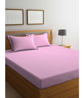 Klotthe Poly Cotton Horizontal Striped 1 Double King Size Bedsheet with 2 Pillow Covers - Pink