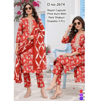 Red Color Printed Rayon Kurti Set