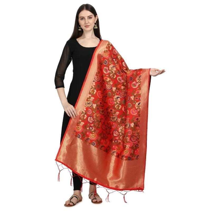 Women's Silk Pure Zari weaving Duppatta (Red, Leangth: 2-2.3 Mtrs)-PID44934