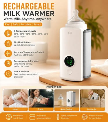 Portable Baby Bottle Warmer for Travel | Fast-Heating Cordless Rechargeable Milk Warmer | Precise Temperature Control | Baby Feeding Bottle Warmer for Home & Outdoor Use (Bottle Not Included)