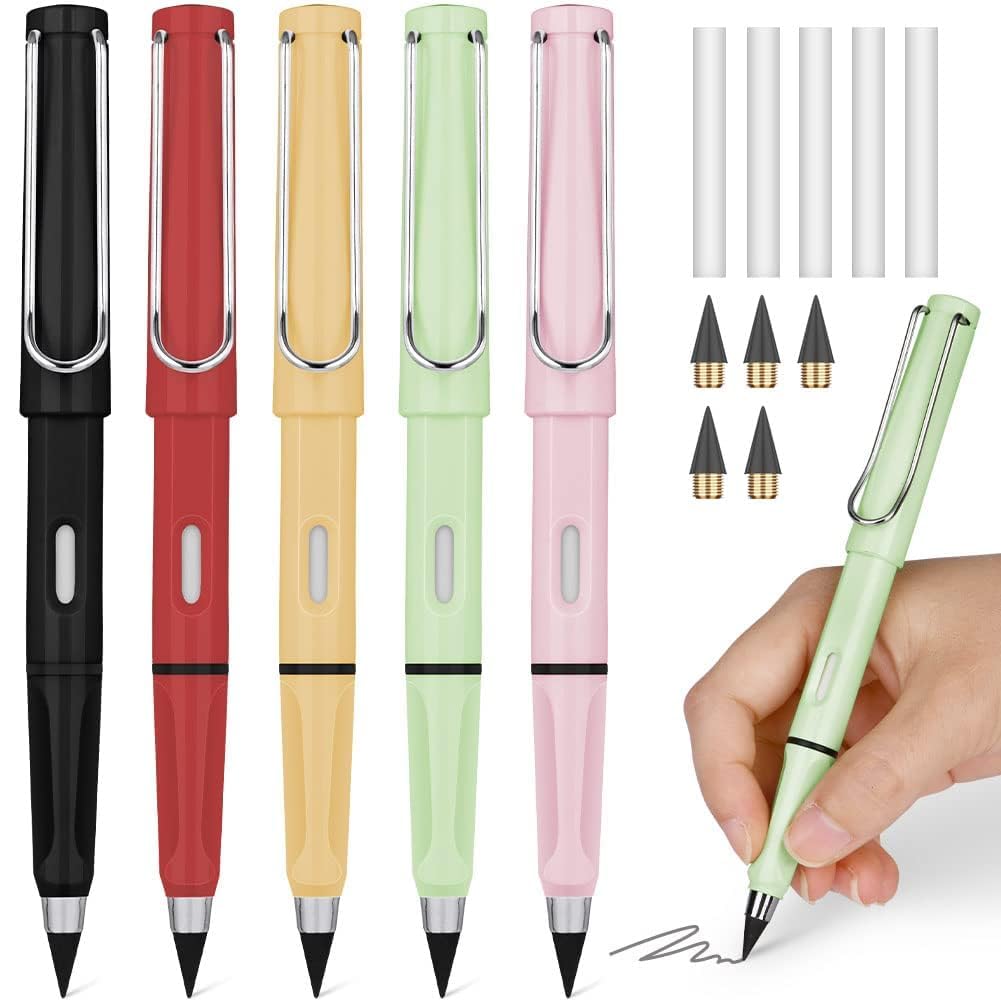 BREEPREE Inkless Infinity Pencil Set of 5 with Extra Erasers and Replaceable Nibs for Writing and Drawing Random Color