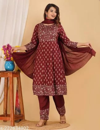 Women Cotton Rayon Printed Anarkali Kurti With Beautifull Hand Work Design Along With Pant And Dupatta With Lace Border