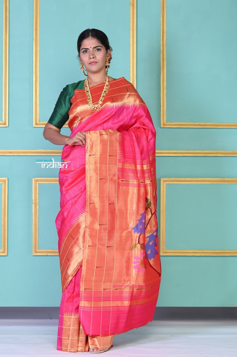 ROYAL WEAVE! Authentic Handloom Pure Silk Hot Pink Triple Muniya Border Paithani With Checks All Over