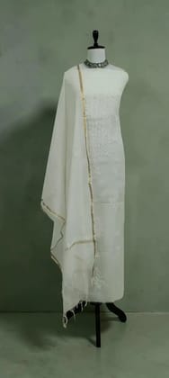 Lucknow Chikankari Mul Cotton Dress Material with Dupatta, White & Ivory Lucknow Chikankari Mul Cotton Dress Material with Dupatta, White & Ivory