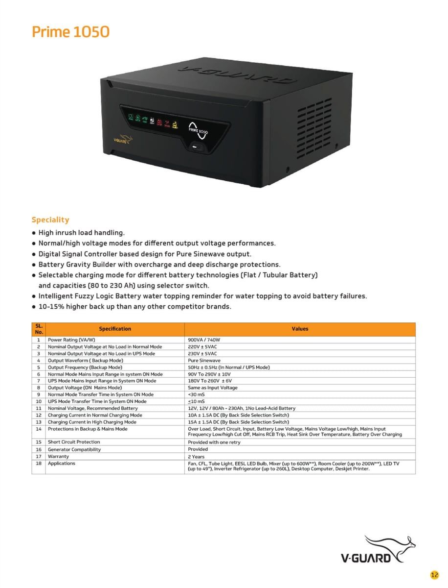 V-Guard Prime 1050 Pure Sine Wave Inverter | 900VA / 740W Home UPS | High Inrush Load Handling