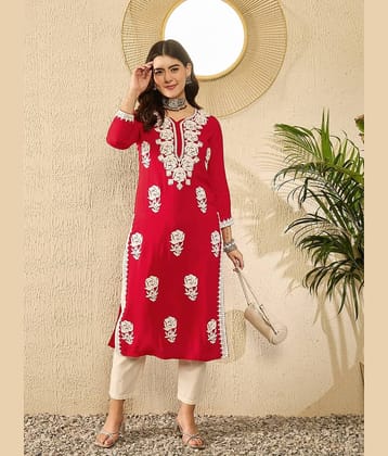 Vaamsi Women Viscose Rayon Embroidered Straight Kurti ( Red )