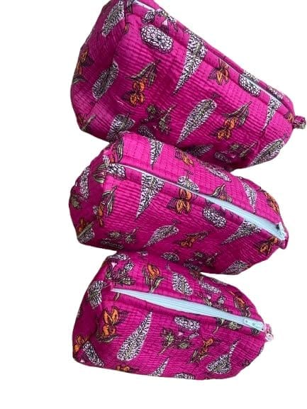 Quilted Makeup Pouches, Magenta Pink with Butterfly Print, Zippered Travel Bags, Set of 3