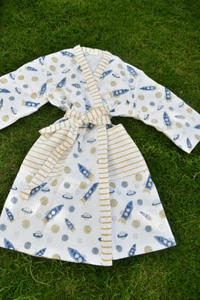 Kids Premium Waffle Cotton Bathrobe Rocket Pattern Large (6-8 years)