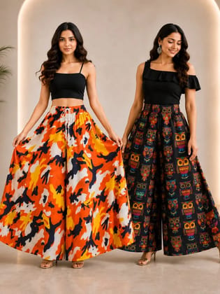 UneR Women's Smocked Palazzo Pants Combo Pack of 2 | High Waisted Wide Leg Flared Parallel Trousers | Free Size Waist 28 to 42