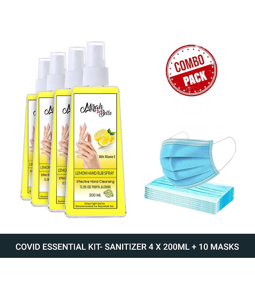 Mirah Belle Lemon Hand Rub Sanitizer Spray 200ml (Pack of 4) & 10 Masks Sanitizers 800 mL Pack of 4