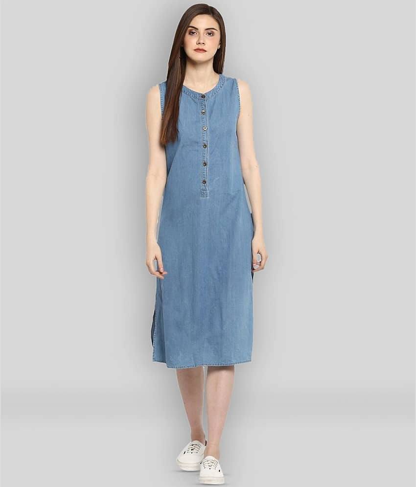 StyleStone Women Denim Solid Fit & Flare Dress ( Blue )