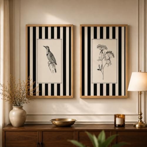 Wall Paintings, 13x19 Inches, Black & White Botanical & Bird Illustration Art for Living Room, Bedroom, Office &