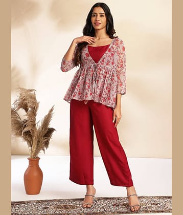 Janasya Women Polyester Printed Jacket Style Kurti With Palazzo ( Wine )