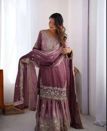 Womens Chinon Silk Sequence With Rivet Moti Work Straight Kurta With Sharara and Dupatta Set Womens Chinon Silk Sequence With Rivet Moti Work Straight Kurta With Sharara and Dupatta Set