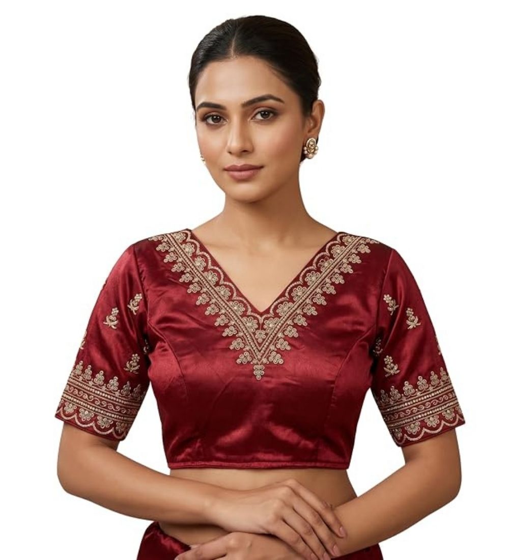 Women's Satin Embroidered Half sleeve V-Neck Padded Readymade Blouse (Maroon, Size 38 - Self-Alterable 36–40)