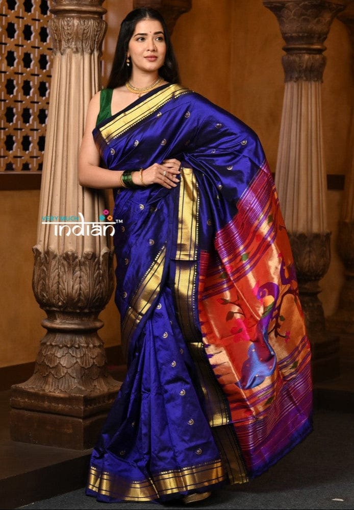 Chandrakor: Handloom Pure Silk Paithani Saree with Traditional Peacock Pallu ~ Royal Blue