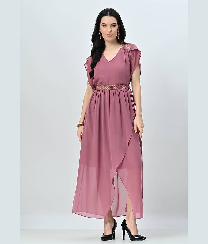 ALL WAYS YOU Women Georgette Solid Fit & Flare Dress ( Pink )