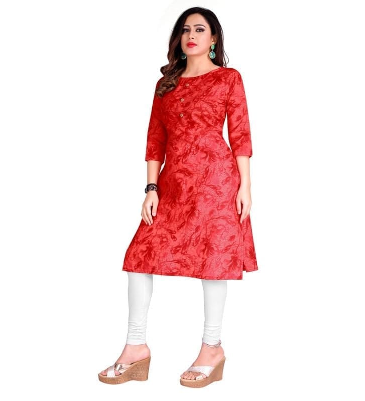 Women's Casual 3/4th Sleeve Printed Cotton Kurti (Red, L)-PID46127