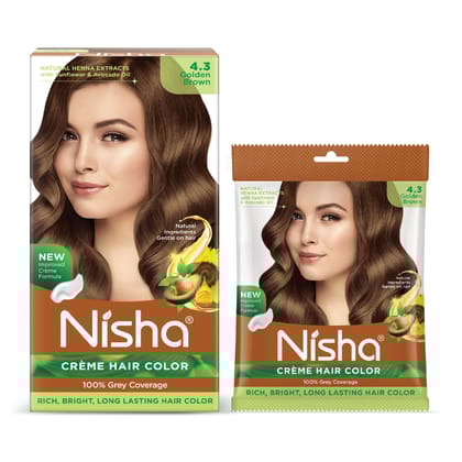 Nisha Creme Hair Color Combo Pack 4.3 Golden Brown (120g Box & 40g Pouch), Ammonia Free Permanent Hair Colour