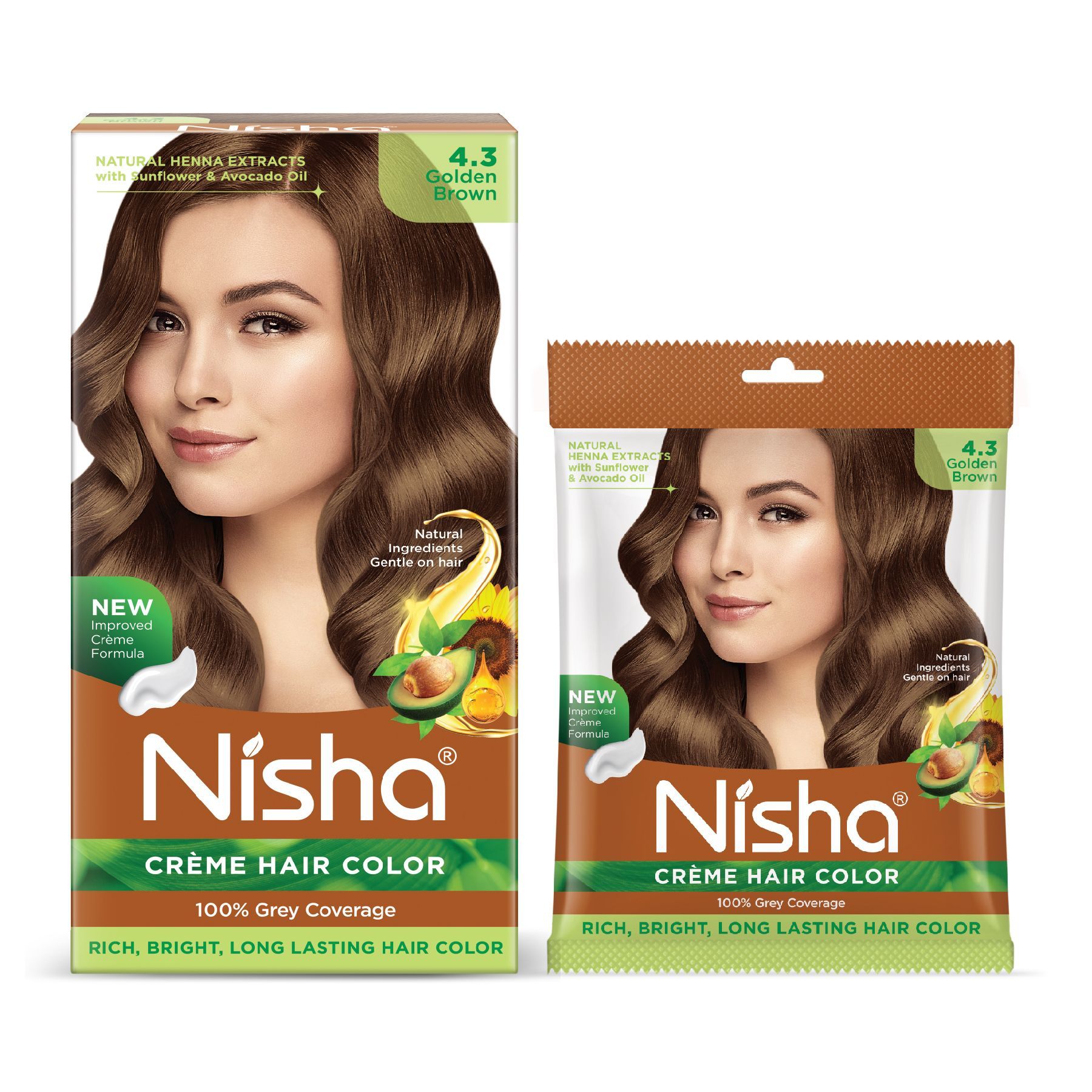 Nisha Creme Hair Color Combo Pack 4.3 Golden Brown (120g Box & 40g Pouch), Ammonia Free Permanent Hair Colour