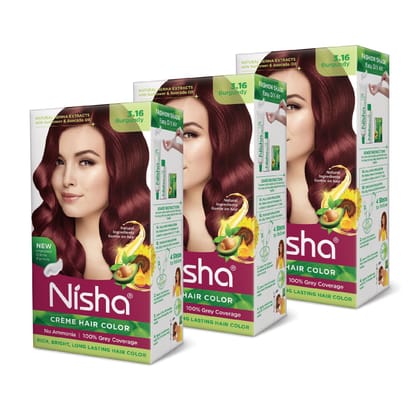 Nisha Creme Hair Color 3.16 Burgundy 120g Pack of 3, Permanent Hair Colour for Women Men, No Ammonia, 100% Grey Coverage