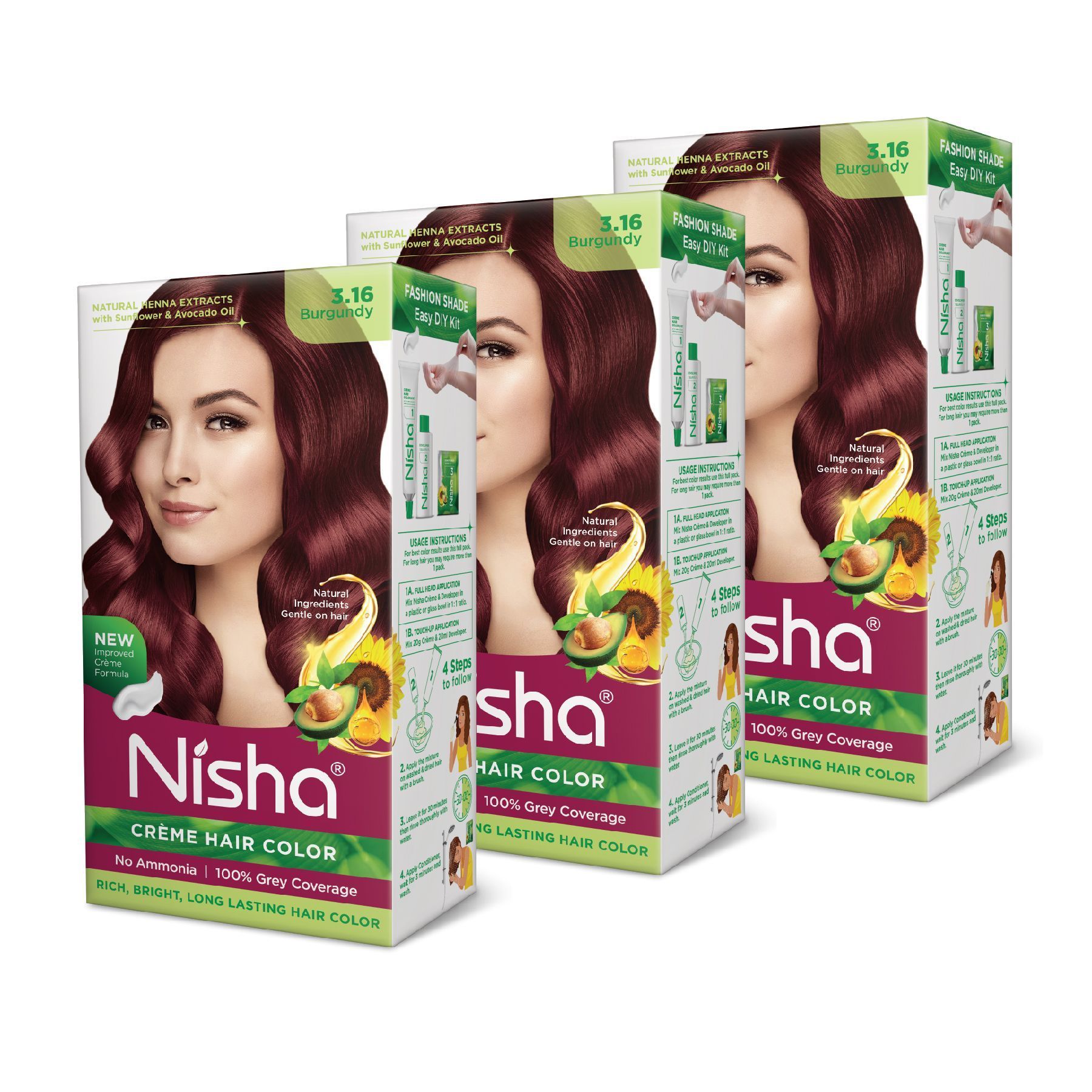 Nisha Creme Hair Color 3.16 Burgundy 120g Pack of 3, Permanent Hair Colour for Women Men, No Ammonia, 100% Grey Coverage