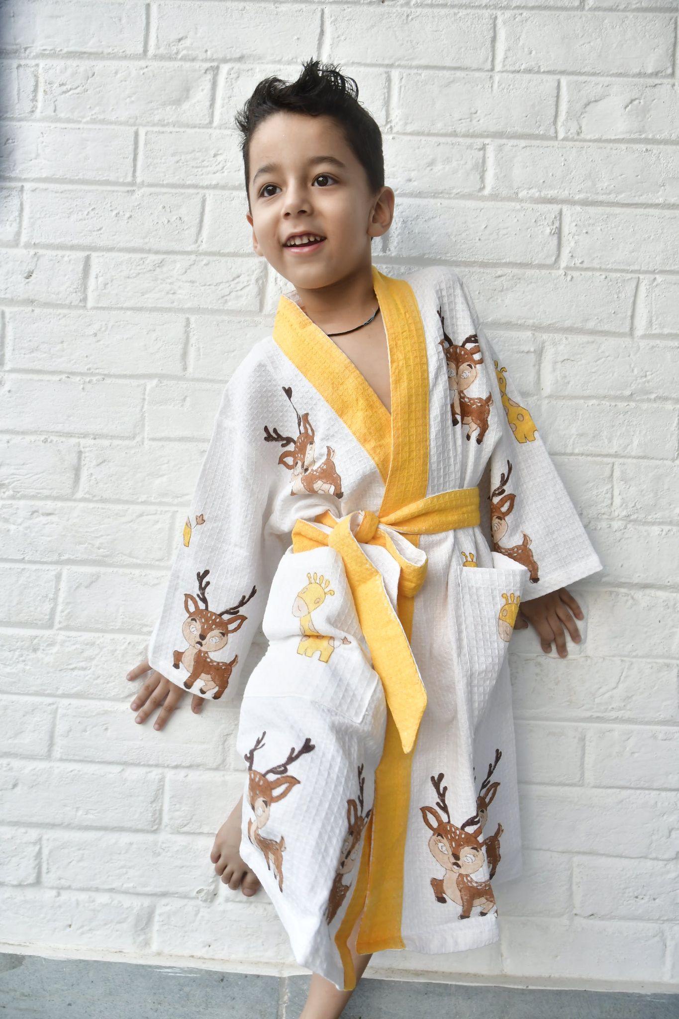Kids HandBlock Premium Waffle Cotton Bathrobe Deer pattern - Small (2-4 years)